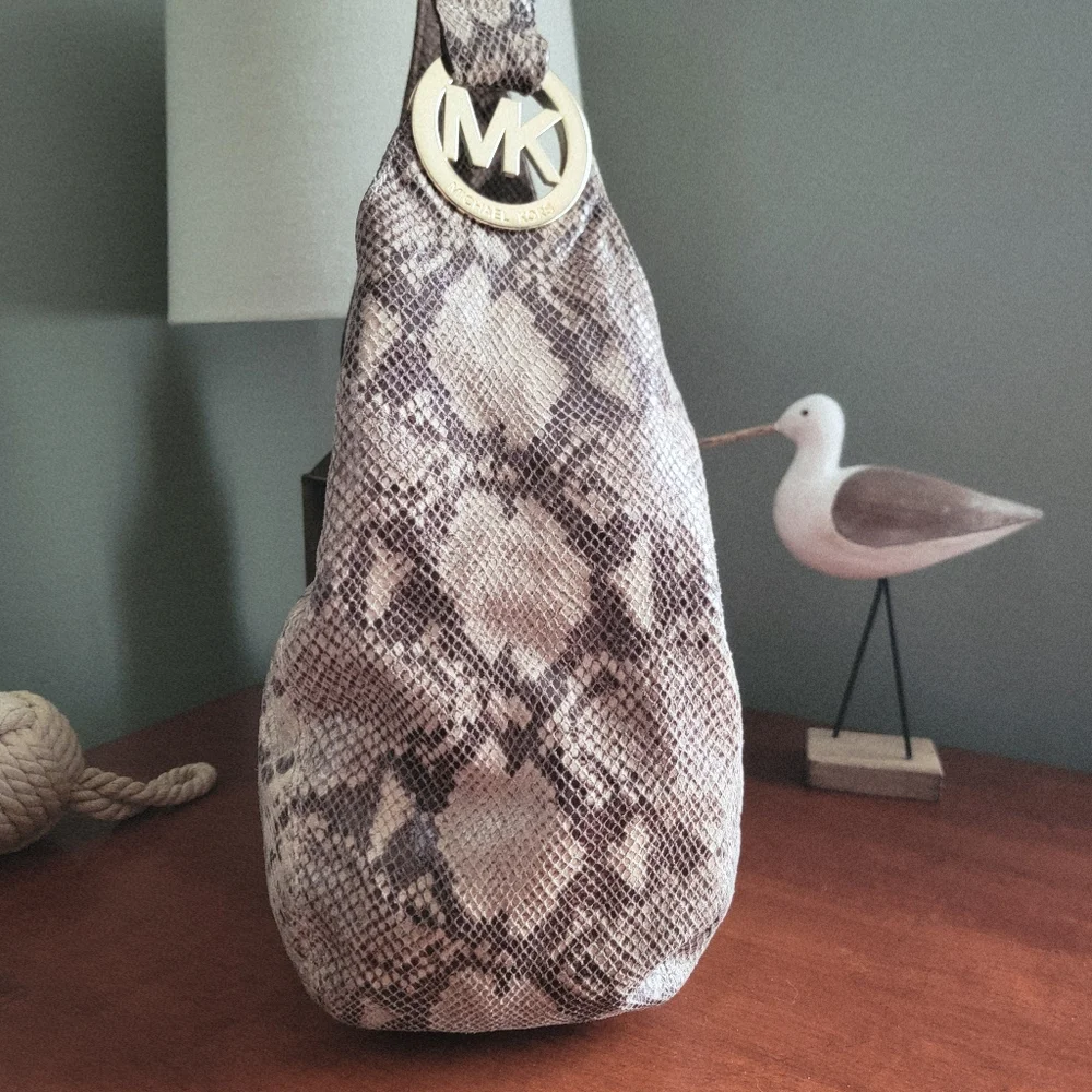 Michael Kors Jet Set Hobo Taupe Python Embossed Leather Shoulder Bag
